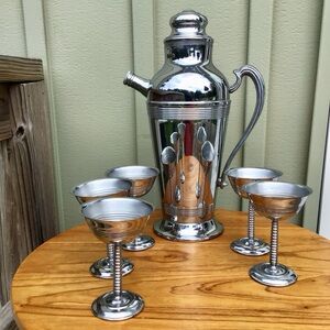 Vintage Stainless Chrome MCM Cocktail Shaker Pitcher with Goblets